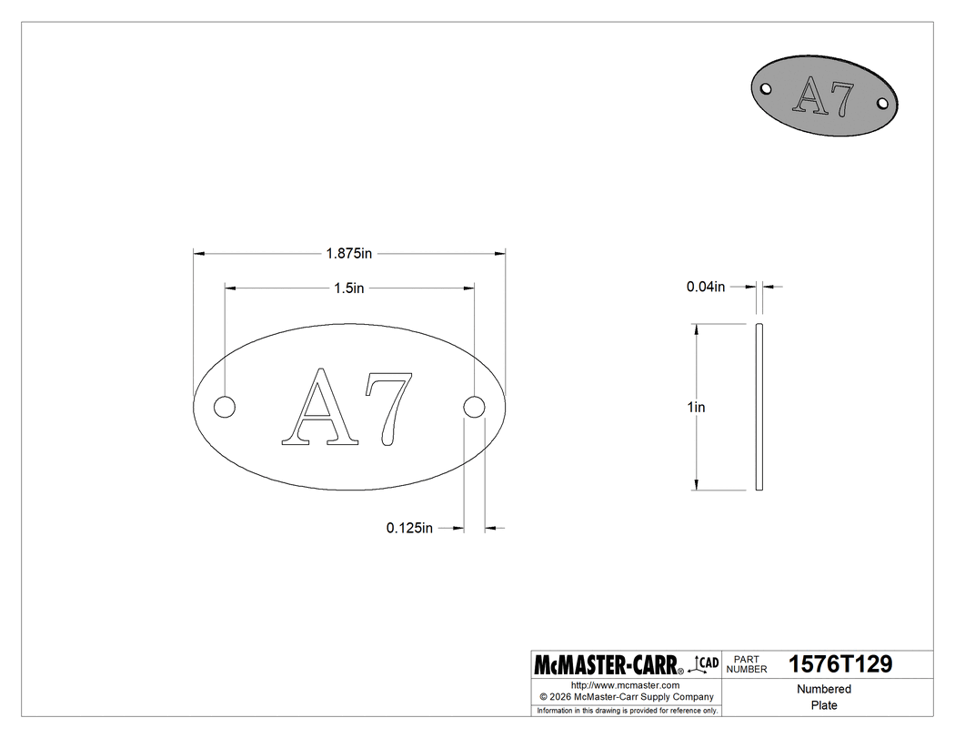 Technical Drawing of Numbered Plate, with Letters, Aluminum, 1" High x 1-7/8" Wide.